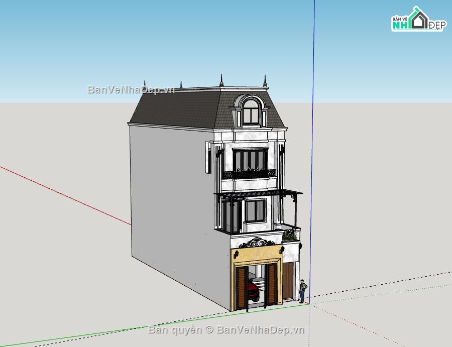 Nhà phố 3 tầng,Model su nhà phố 3 tầng,sketchup nhà phố 3 tầng