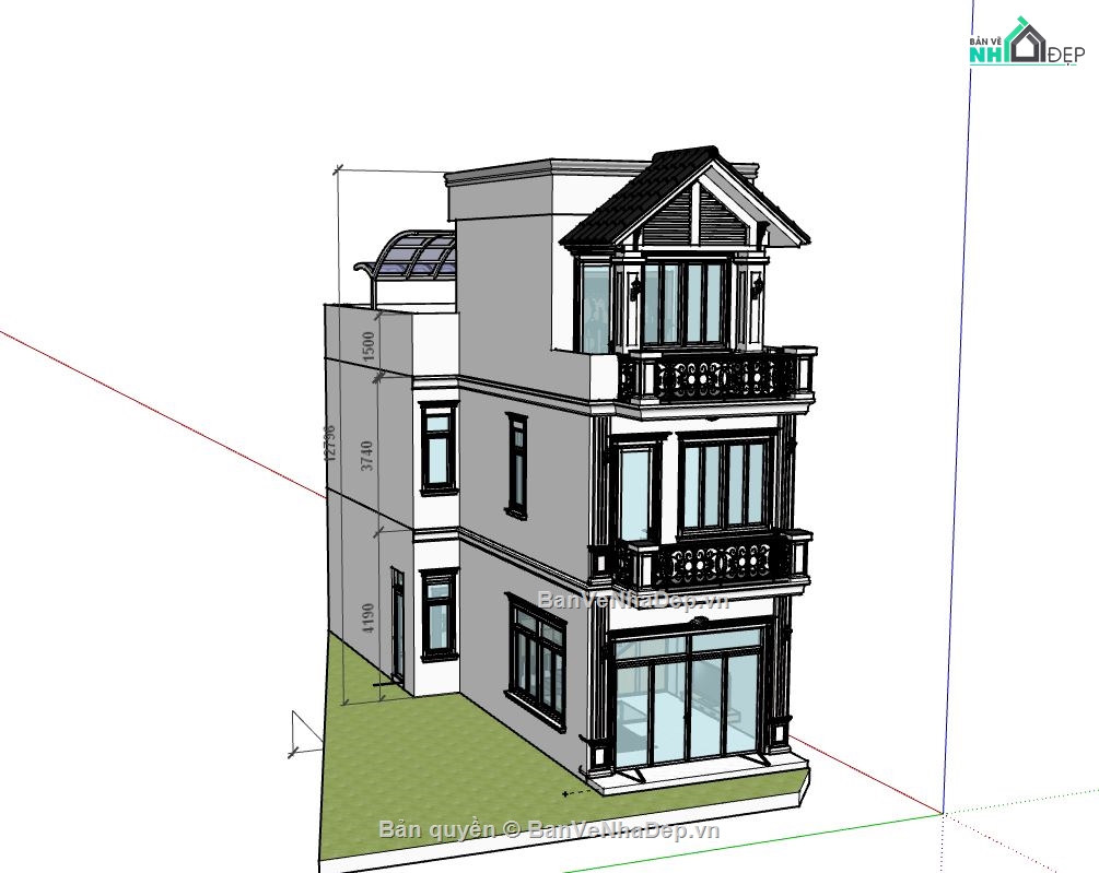 Nhà phố 3 tầng,Model su nhà phố 3 tầng,sketchup nhà phố 3 tầng