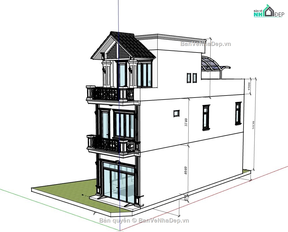 Nhà phố 3 tầng,Model su nhà phố 3 tầng,sketchup nhà phố 3 tầng