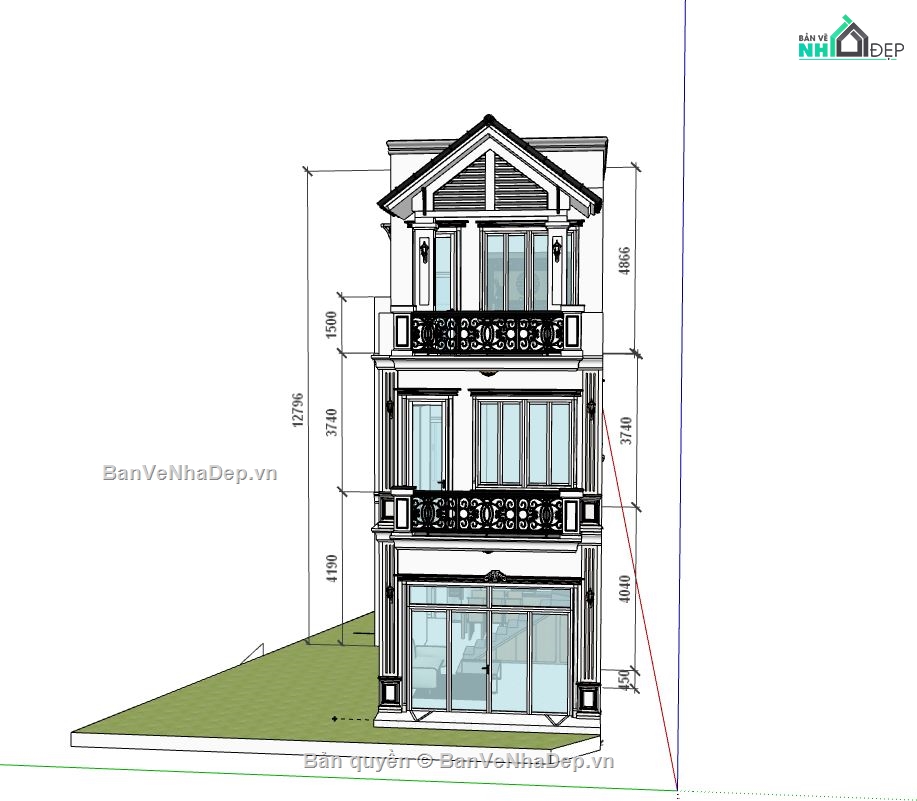 Nhà phố 3 tầng,Model su nhà phố 3 tầng,sketchup nhà phố 3 tầng