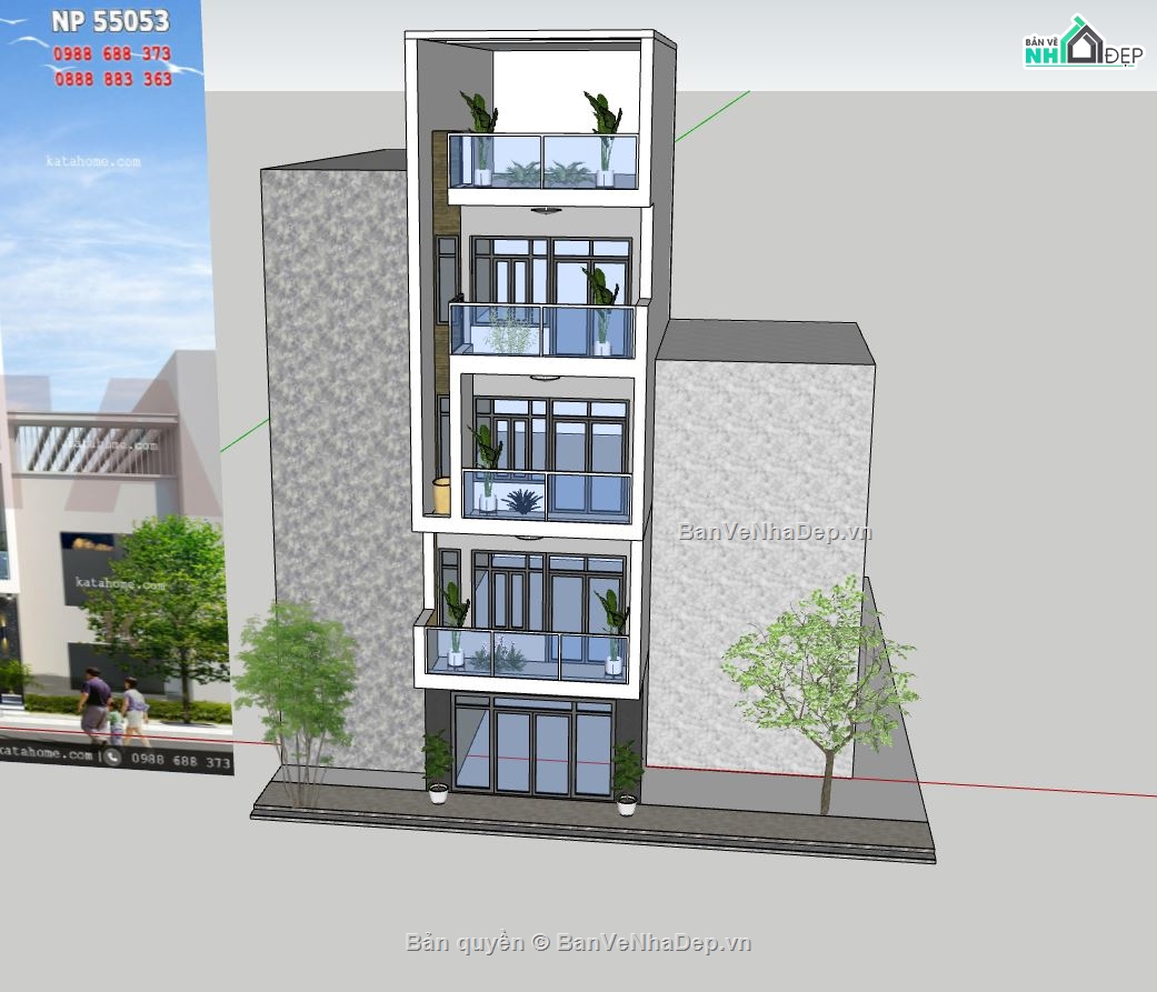 nhà 4 tầng,sketchup nhà phố 4 tầng,model su nhà phố 4 tầng