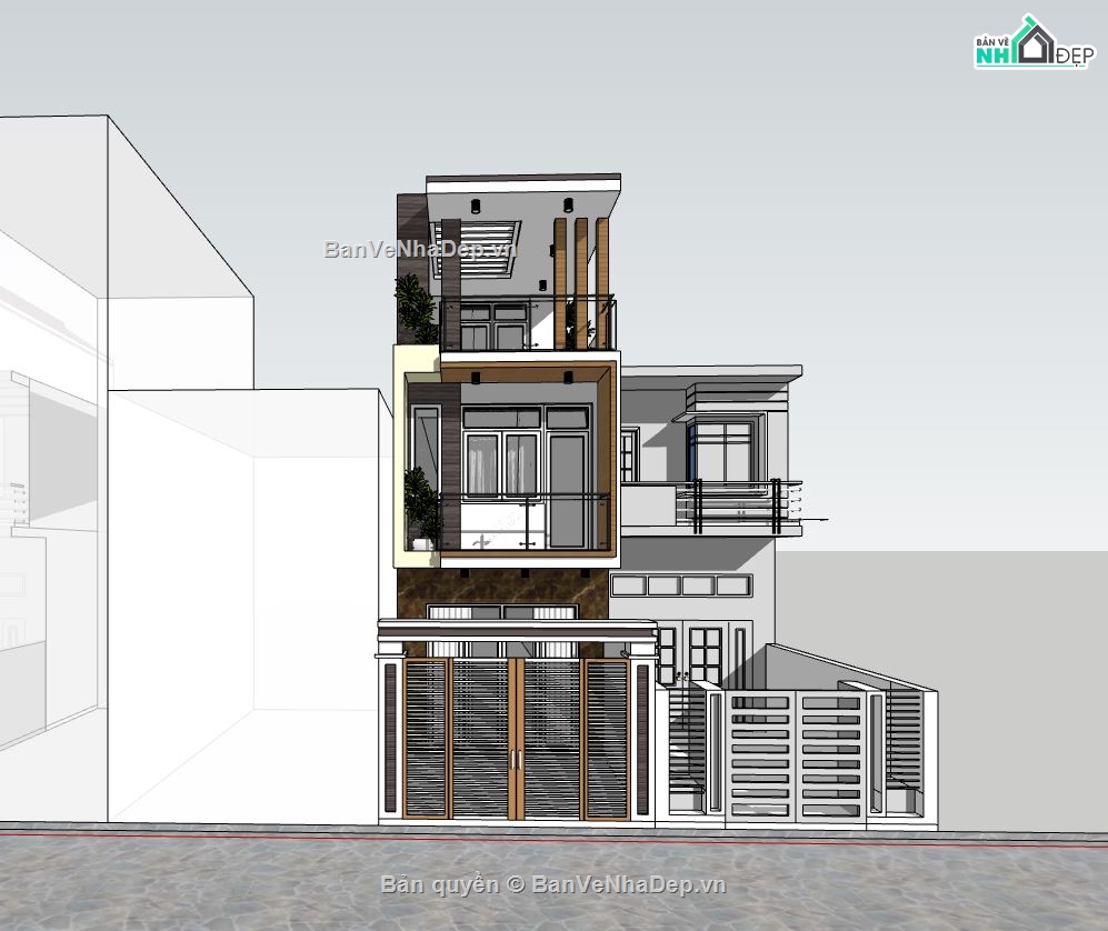 nhà phố 3 tầng,file sketchup nhà phố 3 tầng,phối cảnh nhà phố 3 tầng