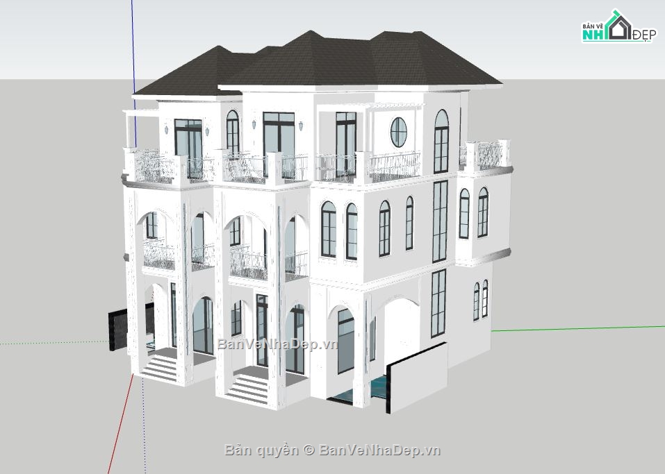 biệt thự  3 tầng,biệt thự đẹp 3 tầng,sketchup biệt thự 3 tầng