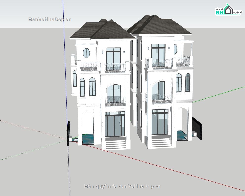 biệt thự  3 tầng,biệt thự đẹp 3 tầng,sketchup biệt thự 3 tầng