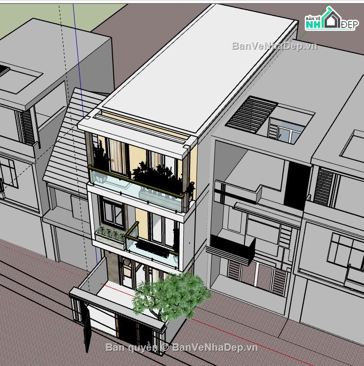 Nhà phố 3 tầng,model su nhà phố 3 tầng,sketchup nhà phố 3 tầng