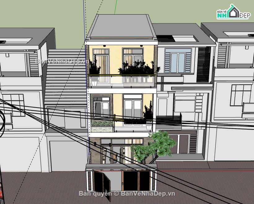 Nhà phố 3 tầng,model su nhà phố 3 tầng,sketchup nhà phố 3 tầng