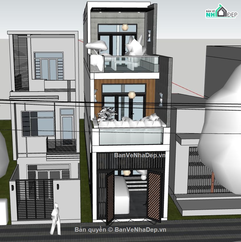 nhà phố 3 tầng,sketchup nhà phố 3 tầng,model nhà phố 3 tầng