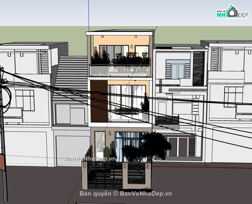 Nhà phố 3 tầng,model su nhà phố 3 tầng,sketchup nhà phố 3 tầng