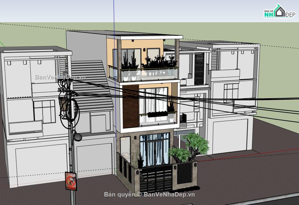 Nhà phố 3 tầng,model su nhà phố 3 tầng,sketchup nhà phố 3 tầng