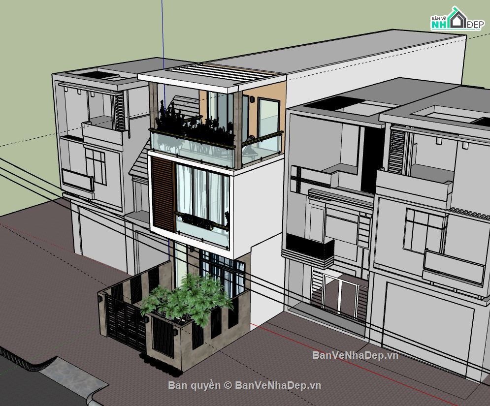 Nhà phố 3 tầng,model su nhà phố 3 tầng,sketchup nhà phố 3 tầng