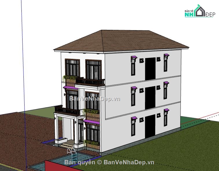 nhà phố 3 tầng,model su nhà phố 3 tầng,model sketchup nhà phố 3 tầng