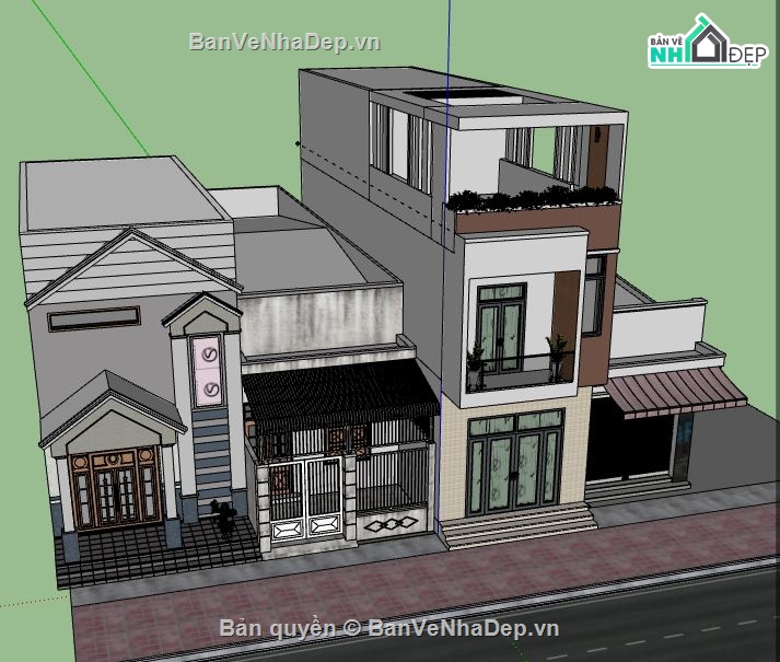 Nhà phố 3 tầng,model su nhà phố 3 tầng,sketchup nhà phố 3 tầng