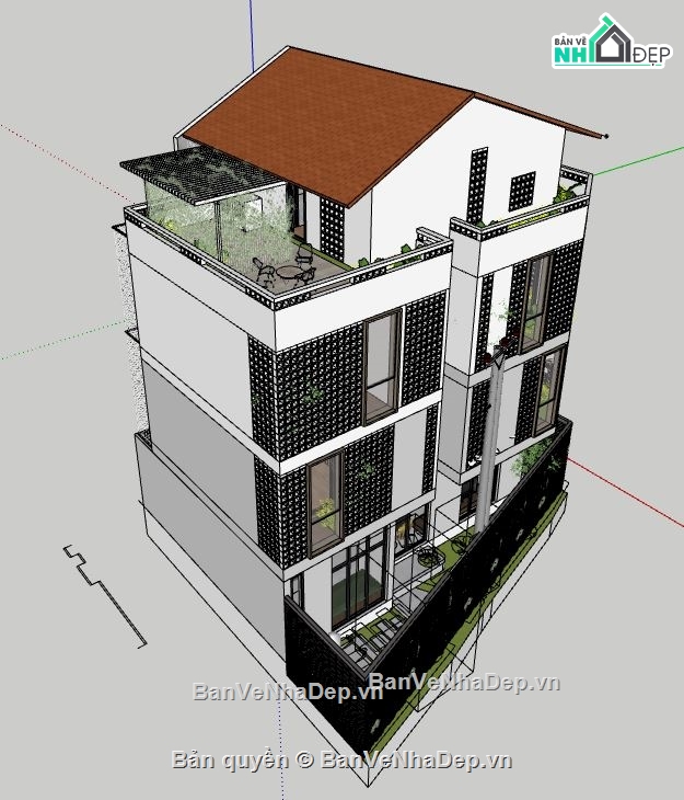 nhà phố 3 tầng 1 tum,nhà phố 2 mặt tiền 8.2x12.1m,model sketchup nhà phố 3 tầng,nhà phố 3 tầng file sketchup