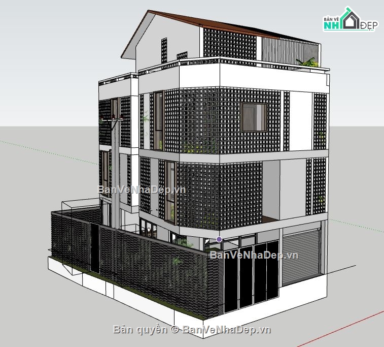 nhà phố 3 tầng 1 tum,nhà phố 2 mặt tiền 8.2x12.1m,model sketchup nhà phố 3 tầng,nhà phố 3 tầng file sketchup
