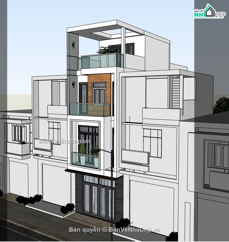 nhà phố 3 tầng,thiết kế nhà 3 tầng,model sketchup nhà phố 3 tầng