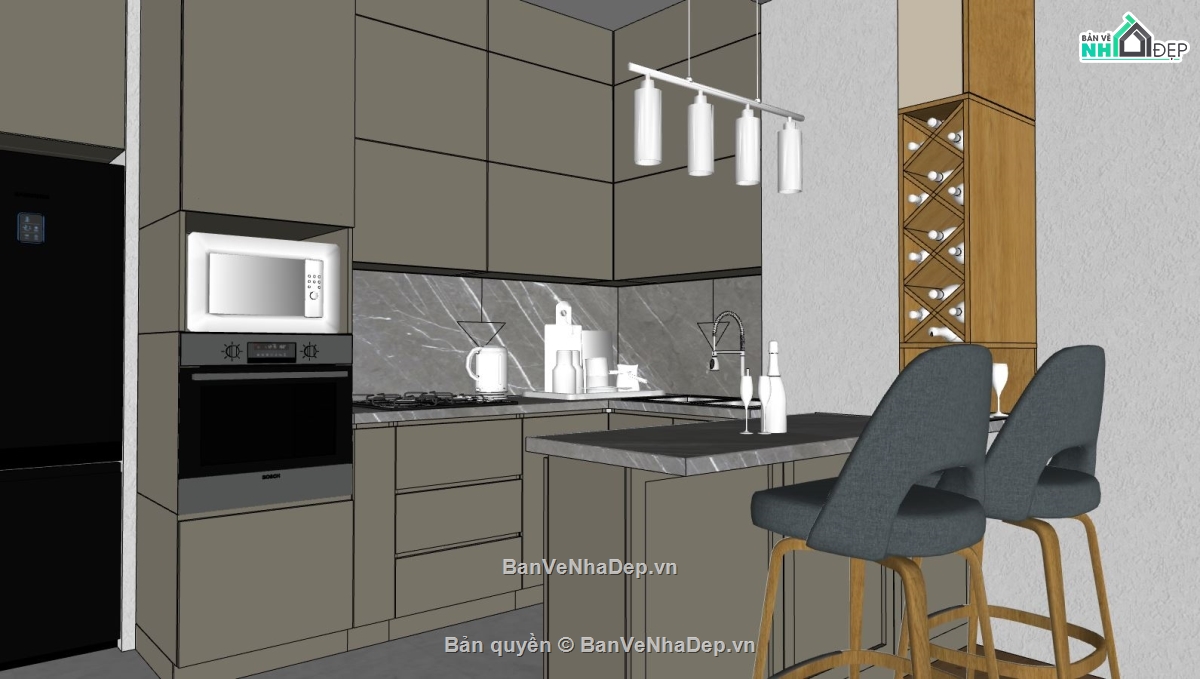 nội thất căn bếp,dựng sketchup nội thất bếp ăn,thiết kế nội thất