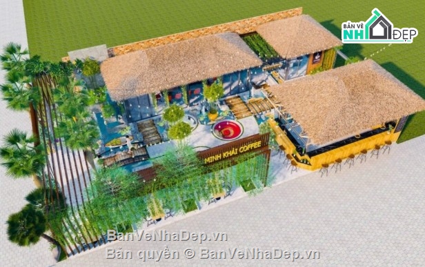 nội thất quán cafe,quán cafe sân vườn,nội thất quán cafe sketchup