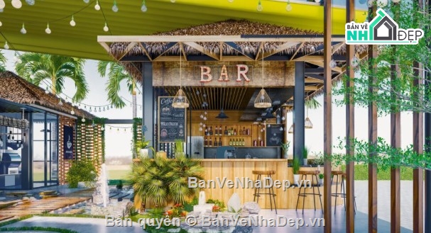 nội thất quán cafe,quán cafe sân vườn,nội thất quán cafe sketchup