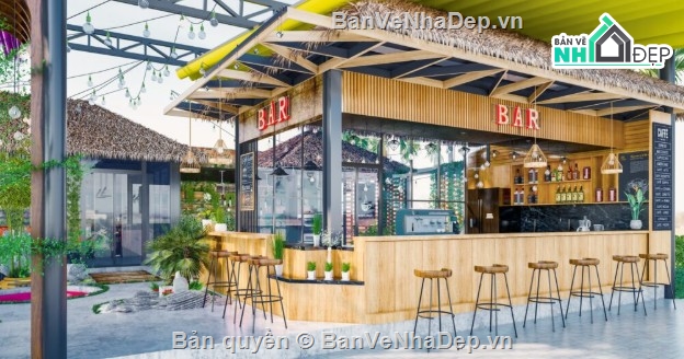 nội thất quán cafe,quán cafe sân vườn,nội thất quán cafe sketchup