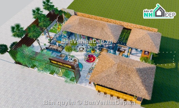 nội thất quán cafe,quán cafe sân vườn,nội thất quán cafe sketchup