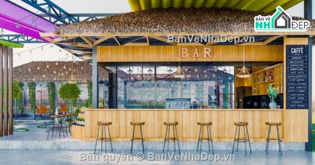 nội thất quán cafe,quán cafe sân vườn,nội thất quán cafe sketchup