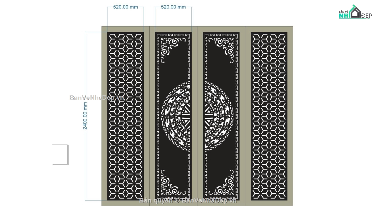 Cổng 4 cánh,Cổng trống đồng file dxf,file dxf cổng 4 cánh