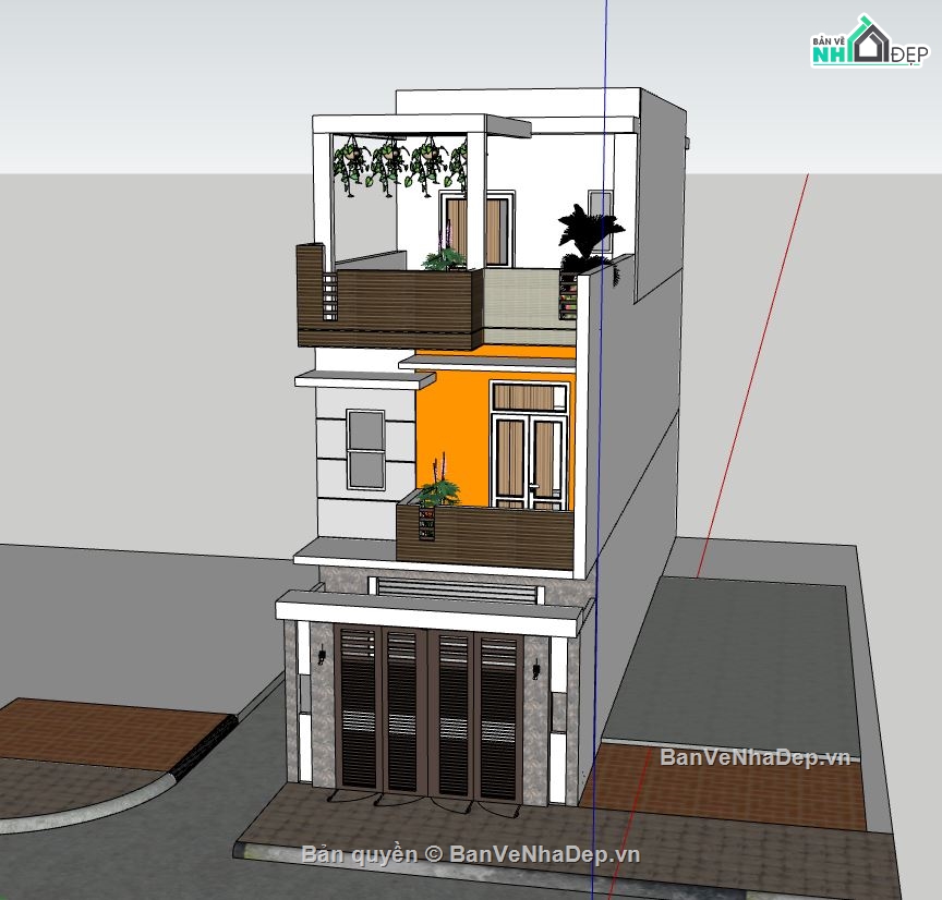 thiết kế nhà 3 tầng,sketchup nhà phố 3 tầng,model su nhà phố 3 tầng