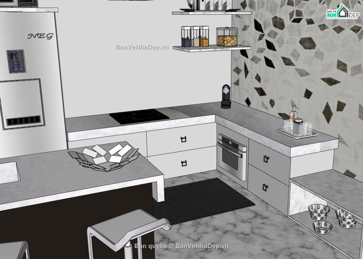 sketchup nội thất bếp,nội thất phòng bếp,mẫu su nội thất phòng bếp,thiết kế 3d phòng bếp