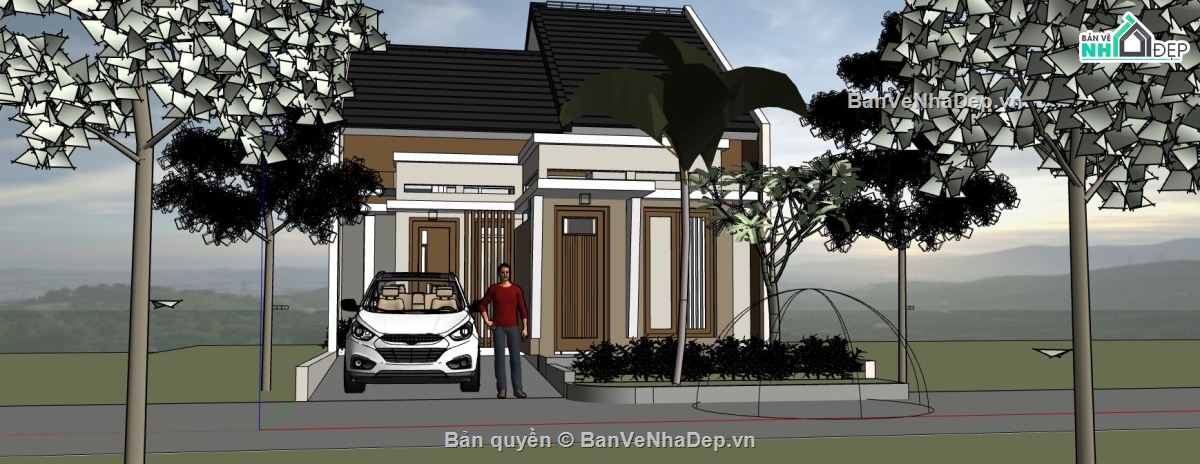 mẫu nhà biệt thự 1 tầng file su,dựng sketchup biệt thự 1 tầng,file su nhà 1 tầng,sketchup nhà cấp 4 hiện đại