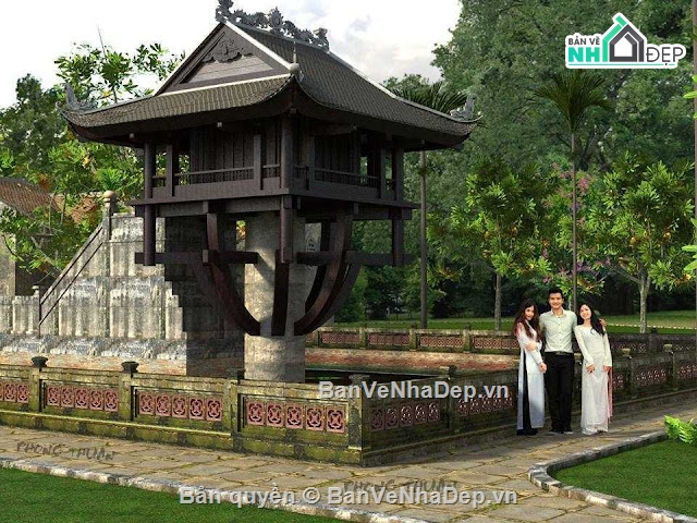 thiết kế chùa,sketchup chùa,chùa 1 cột,bản vẽ chùa một cột