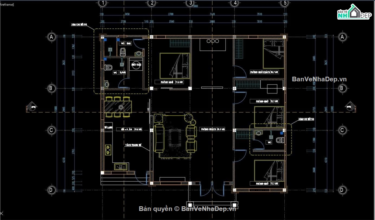 Bản vẽ nhà cấp 4 11x13m,Mẫu nhà mái Nhật 11x13m,Bản vẽ nhà cấp 4 full kiến trúc kết cấu điện nước,Nhà cấp 4 mái Nhật 4 phòng ngủ