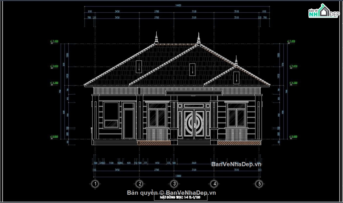 Bản vẽ nhà cấp 4 11x13m,Mẫu nhà mái Nhật 11x13m,Bản vẽ nhà cấp 4 full kiến trúc kết cấu điện nước,Nhà cấp 4 mái Nhật 4 phòng ngủ