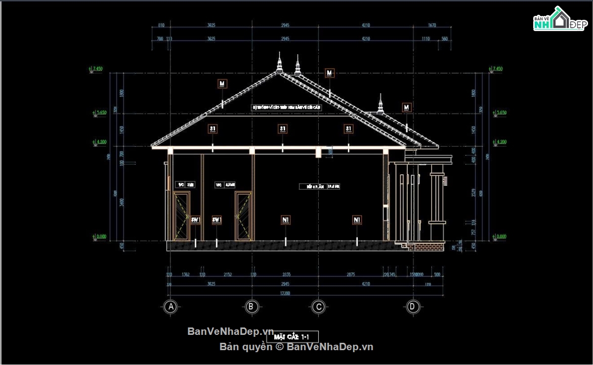 Bản vẽ nhà cấp 4 11x13m,Mẫu nhà mái Nhật 11x13m,Bản vẽ nhà cấp 4 full kiến trúc kết cấu điện nước,Nhà cấp 4 mái Nhật 4 phòng ngủ