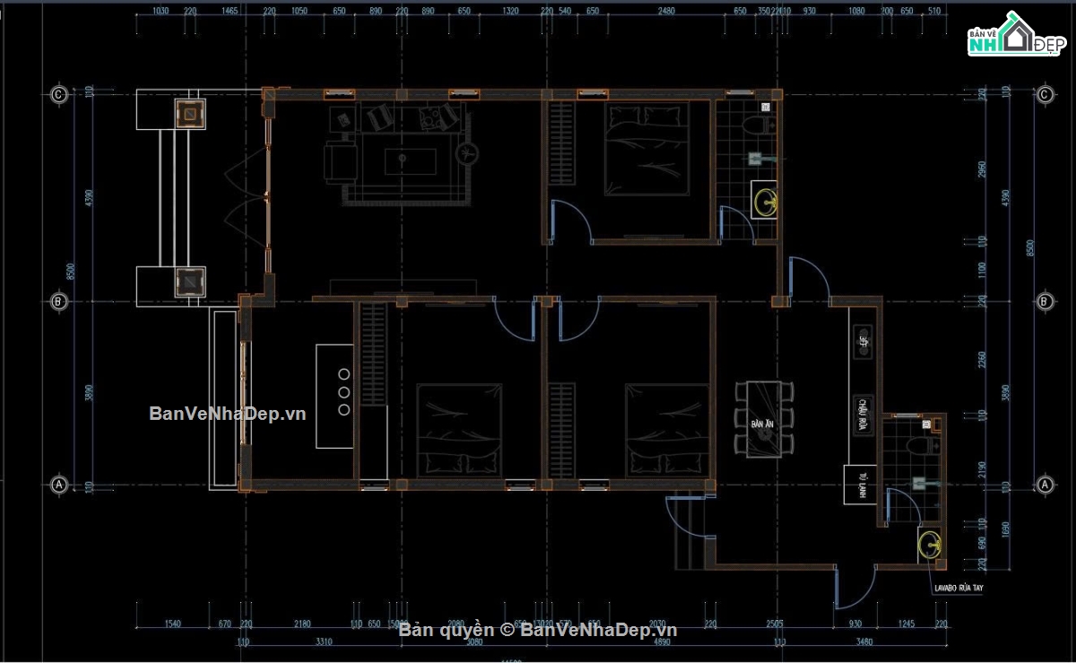 Bản vẽ nhà cấp 4 KT 8.5x11.5m,nhà cấp 4 mái Nhật,bản vẽ nhà cấp 4 có 3 phòng ngủ,Bản vẽ nhà cấp 4 mái Nhật 8.5x11.5m (3 ngủ),bản vẽ nhà cấp 4 kiến trúc kết cấu điện nước