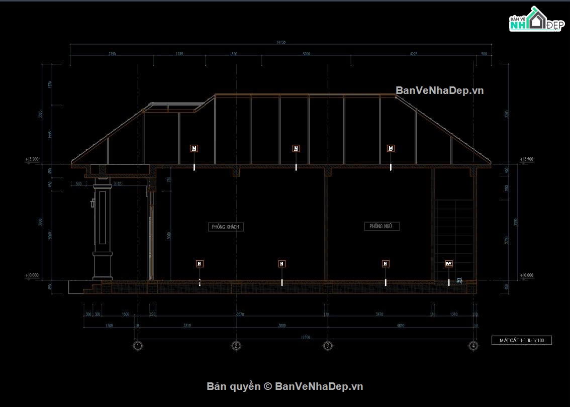 Bản vẽ nhà cấp 4 KT 8.5x11.5m,nhà cấp 4 mái Nhật,bản vẽ nhà cấp 4 có 3 phòng ngủ,Bản vẽ nhà cấp 4 mái Nhật 8.5x11.5m (3 ngủ),bản vẽ nhà cấp 4 kiến trúc kết cấu điện nước