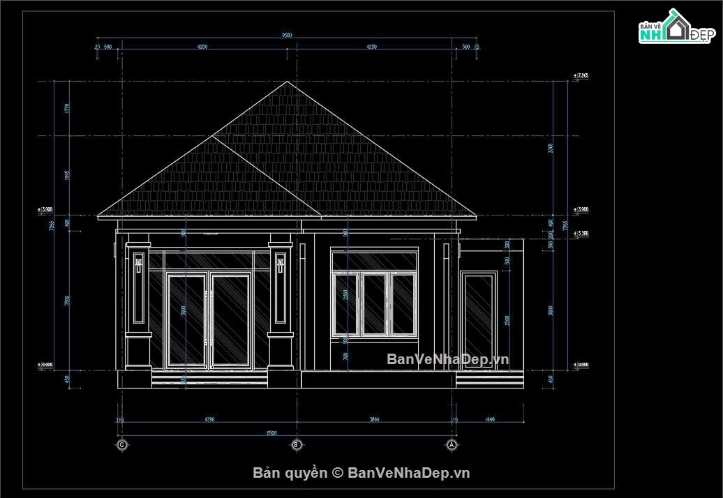 Bản vẽ nhà cấp 4 KT 8.5x11.5m,nhà cấp 4 mái Nhật,bản vẽ nhà cấp 4 có 3 phòng ngủ,Bản vẽ nhà cấp 4 mái Nhật 8.5x11.5m (3 ngủ),bản vẽ nhà cấp 4 kiến trúc kết cấu điện nước