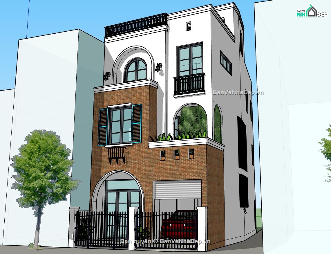 Nhà phố 3 tầng,model su nhà phố 3 tầng,file su nhà phố 3 tầng,sketchup nhà phố 3 tầng