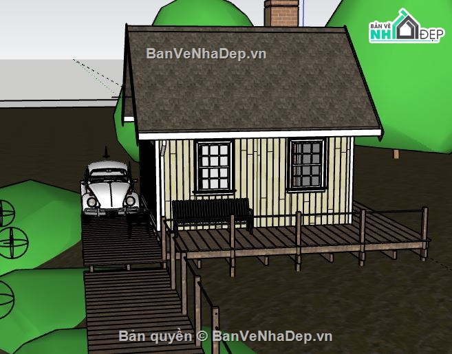 thiết kế nhà file su,nhà 1 tầng file su,nhà ven hồ su,sketchup nhà 1 tầng