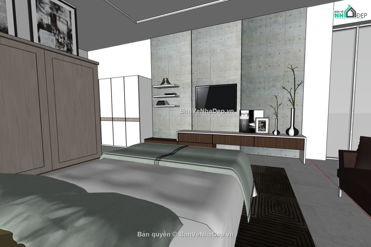 model phòng ngủ hiện đại,phòng ngủ sketchup,phòng ngủ model sketchup,model phòng ngủ sketchup