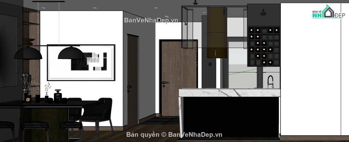 mẫu thiết kế nội thất khách bếp,dựng nội thất phòng khách bếp trên Su,sketchup nội thất phòng khách bếp