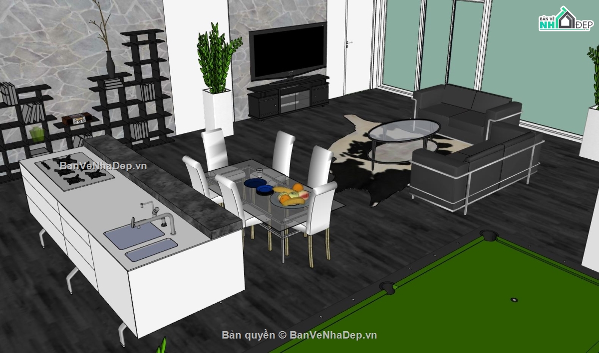sketchup khách bếp hiện đại,nhà bếp hiện đại,model thiết kế phòng khách su,model khách bếp