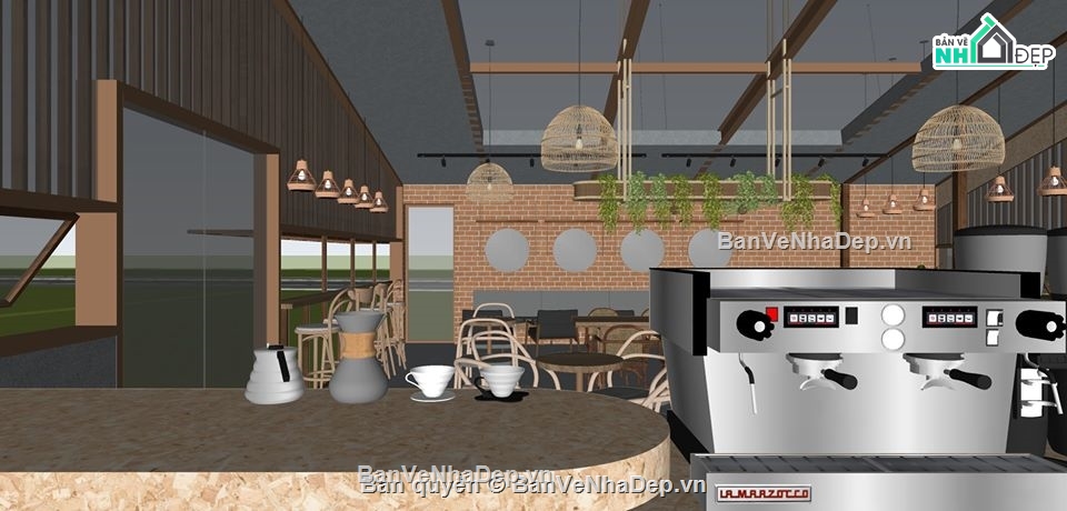 mẫu cửa hàng quán coffee,file sketchup quán cafe,su nội thất quán coffe,model su cafe