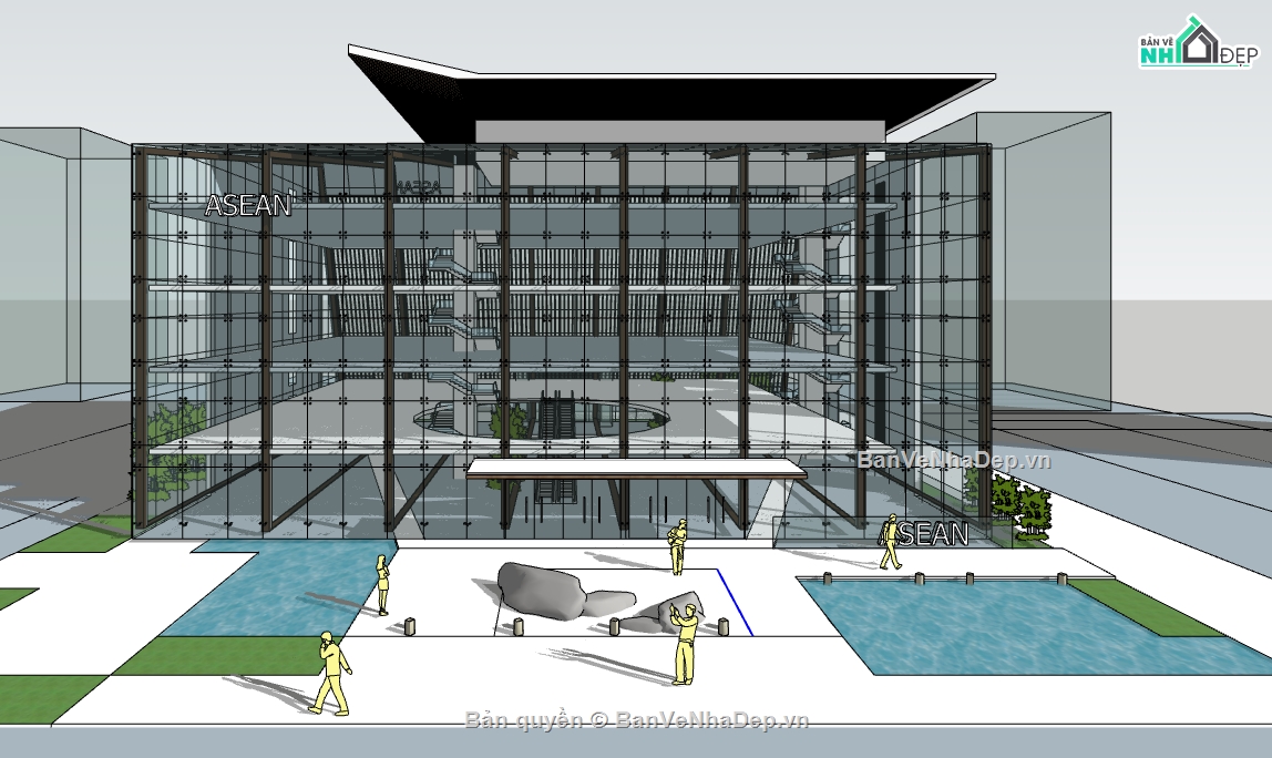 model su nhà trung tâm Asean,dựng sketchup nhà hội nghị 5 tầng,thiết kế tòa nhà Asean file su