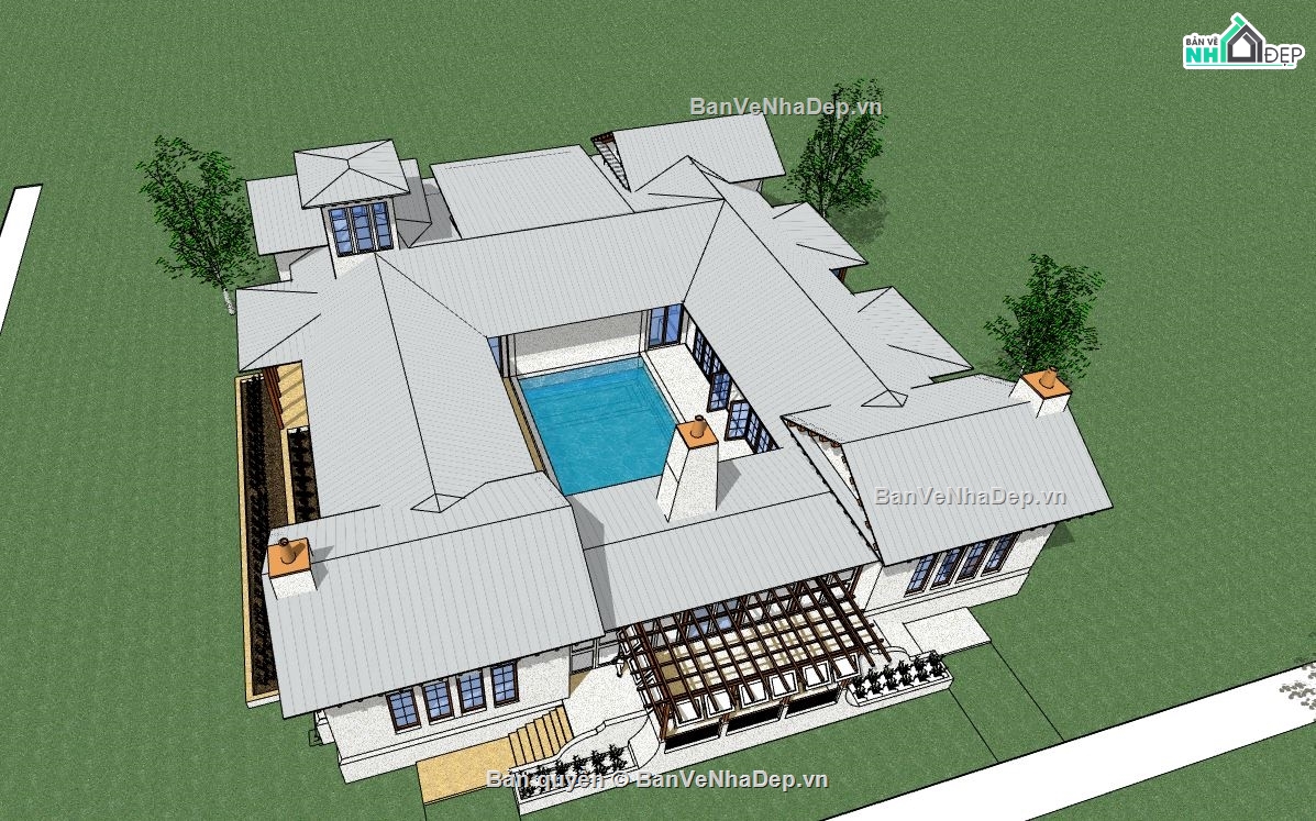 Villa hồ bơi file sketchup,Villa có hồ bơi,model su villa 1 tầng,villa 1 tầng file su